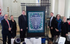 Hannukah Stamp Unveiling with program participants: David D. Mastroianni Jr., who served as master of ceremonies; Fishman; Shapiro; Shapira; Ethel Kessler, the stamp’s art director; and Touro Synagogue Foundation Chair B. Schlessinger Ross.